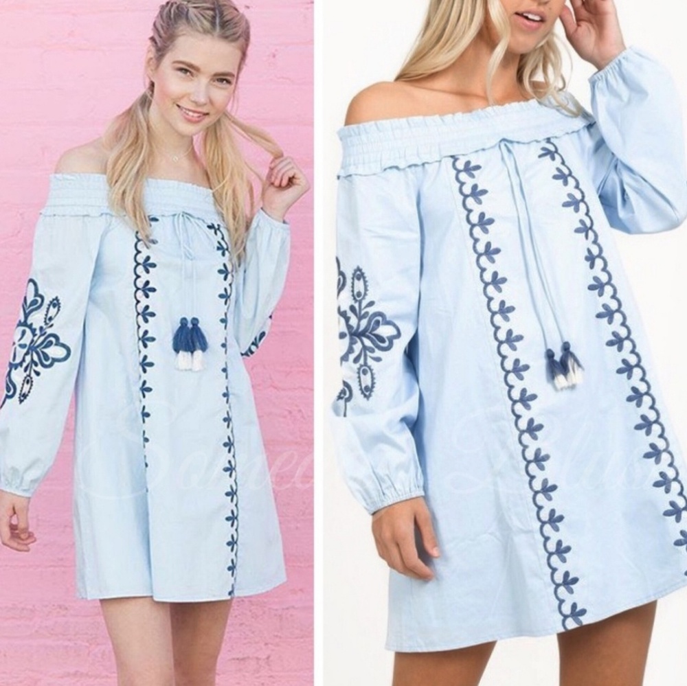 BLUE OFF SHOULDER EMBROIDERY DRESS size S & M - Picture 2 of 4